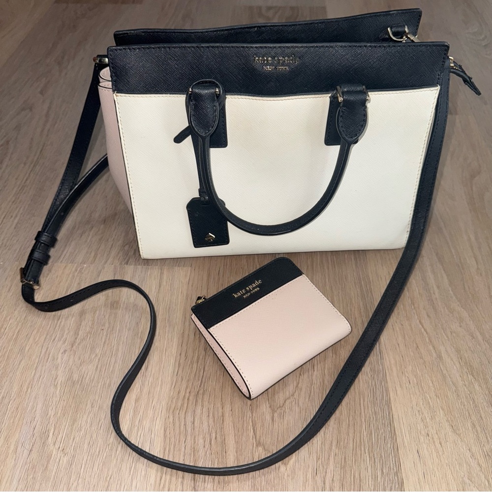 Kate Spade Light Pink & Black Crossbody Tote Bag & Matching Wallet